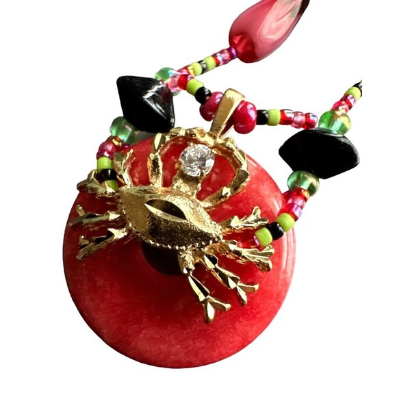 Vintage Exotic Boho Crab Red Jade Necklace 10k Gold Filled Bead CZ Pink Green - Picture 2 of 9